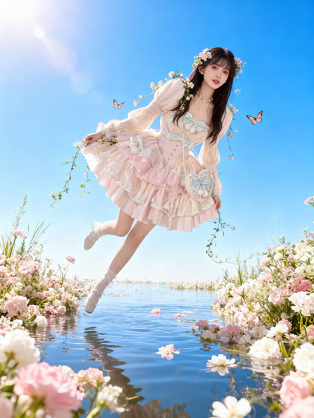 主体倾斜10度悬浮在水上（主体占画面比为30%），自然元素（花朵、藤蔓、小草）装饰主体，2只小蝴蝶环绕。画面结合光晕营造出梦幻、轻盈的氛围感，背景为渐变蓝天，大量粉白花丛、花朵漂浮在水面和空中，整个画面清透明亮，保证溶图效果。