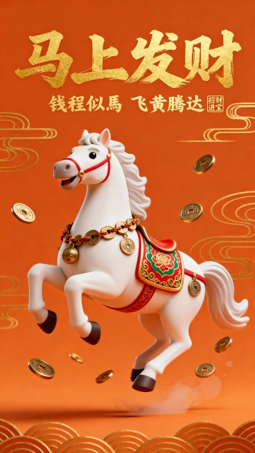 纯3D萌趣风格，国潮风，橙色背景，烫金线条与装饰纹样。 悬空的马的：昂首奔腾的白色骏马身披红金绿传统纹样鞍具（身上装饰铜钱，铜钱串翻飞）。顶部横排主标题为「马上发财」（烫金加粗书法字体毛笔笔触），下方预览效果