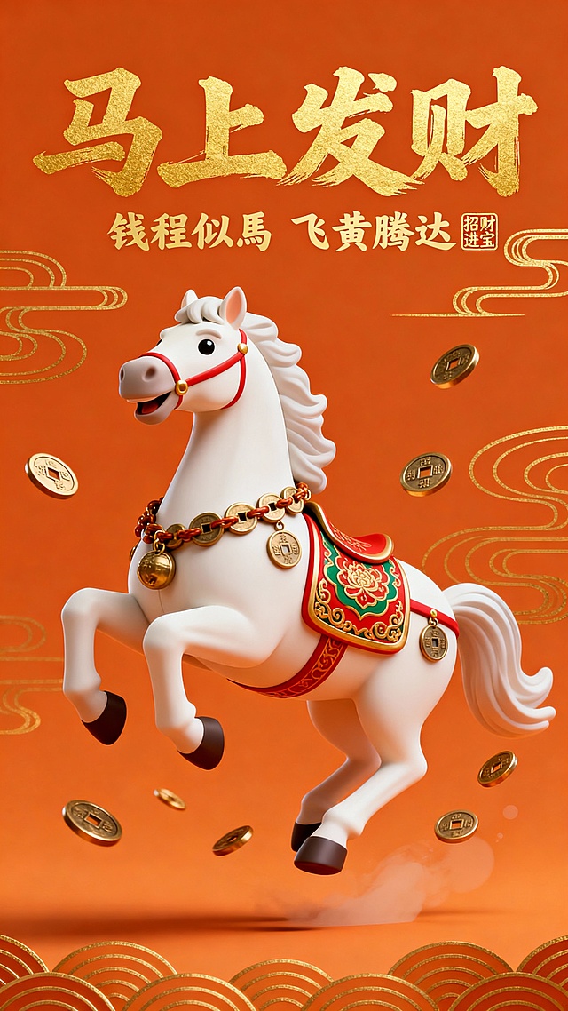 3D重拟物风格白骏马腾跃，鎏金浮雕纹饰点缀，中式喜庆红橙背景，金币纷飞，寓意“马上发财”，尽显春节祥瑞氛围。