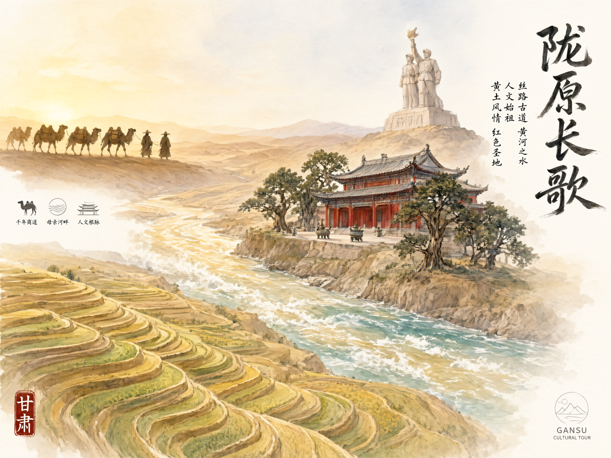 水彩笔手绘风格海报，非展板风格，画面展现甘肃地域文化核心元素：… - 图片创意预览