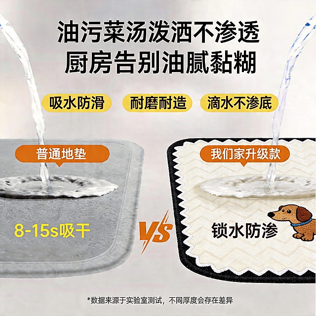 保留原图所有设计元素与构图，仅修改产品下方文案：将左侧灰色普通地垫左下角原来的文案 "吸水慢易渗透" 修改为 "8-15s吸干"，将右侧升级款地垫左下角的文案 "一擦即净" 去除，保留原有文案 "锁水防渗"，保持其余所有文案、产品、构图、光影效果完全不变，不要改动其他内容