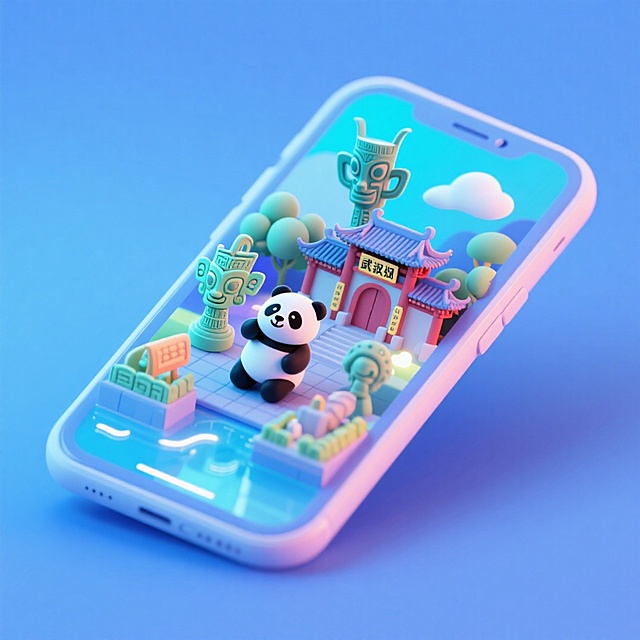 软3D风格的微缩艺术场景，萌趣熊猫与古风建筑共现手机屏中，柔和色彩搭配体积感设计，营造梦幻清新氛围，充满卡通与可爱感。