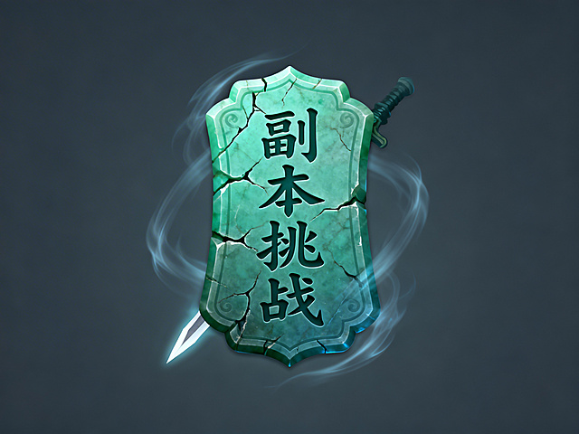 游戏UI按钮，名称为btn_dungeon按钮-副本挑战，青玉令牌造型，青玉色底色，表面带有裂纹纹理，按钮上文字是篆书"副本挑战"，按钮周围环绕淡淡的剑气光效，国风武侠风格