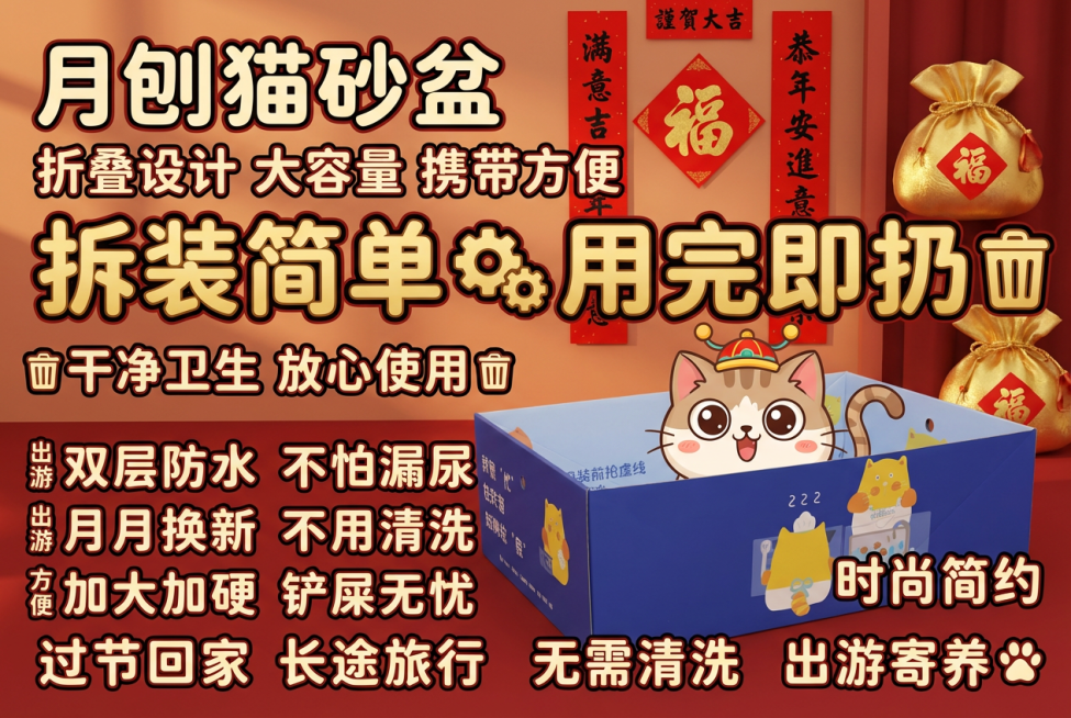 这张图片是产品主体这款产品是一次性猫砂盆 产品主体颜色不改变 我需要设计20张主图在拼多多上面售卖   主图场景布局设计用过年喜庆 小猫等 等背景元素 整体色调喜庆一些，可爱 显得高级一些  主图文案预览效果