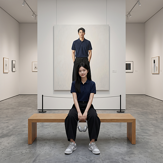 现代极简艺术展厅场景。浅白墙面搭配冷灰色水泥地面，轨道射灯营造柔和均匀的布光。展厅中央，一位清冷气质的18岁东亚年轻女生端坐于长木凳上，她留着黑长直发型，身穿商务款polo衫，下身搭配图1的黑色阔腿弯刀裤，脚踩浅灰色耐克板鞋，双手自然搭在腿上，手中垂着一副银色头戴式耳机，面带浅笑，直视镜头，神态平静松弛。她身后是一幅等身大正方形的男性写实油画，画中人物穿着同款polo衫，下身搭配图2的黑色牛仔裤，双手插兜，与女生形成呼应式穿搭。展厅两侧墙面挂有小幅艺术画作，地面设有黑色隔离立柱，整体氛围清冷高级，兼具艺术感与穿搭展示性，光线柔和且层次分明，突出人物与画作的互动感