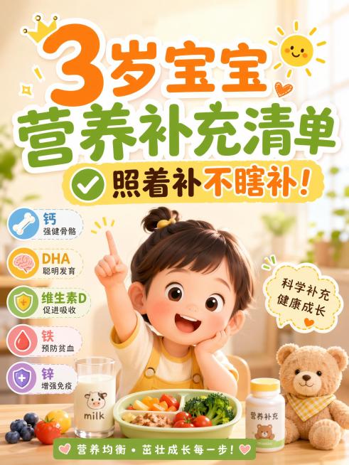 小红书大字封面，风格清新温暖亲子风，画面以可爱3岁宝宝元素和营养补充主题设计，封面突出大字文案："3岁宝宝营养补充清单✅照着补不瞎补！"，整体配色明亮柔和，适合母婴内容，整体比例3:4预览效果