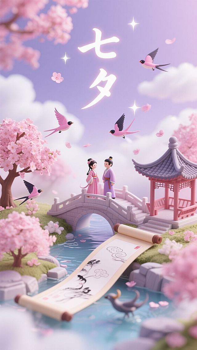 梦幻中式插画风，软3D超现实主义设计，七夕佳节浪漫场景。