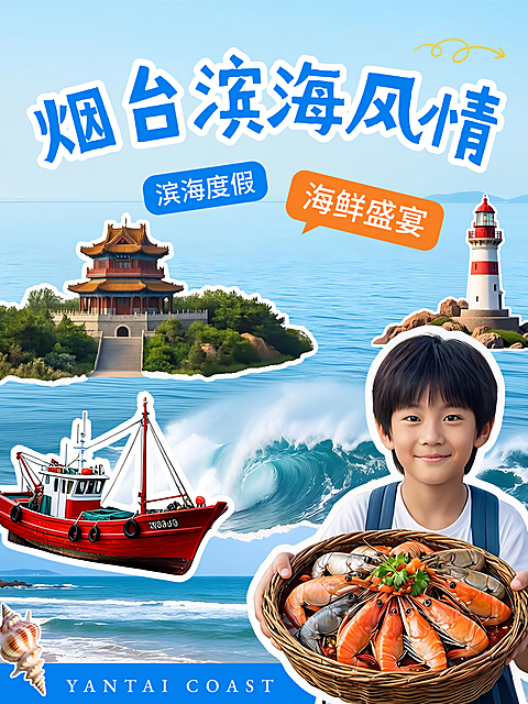 烟台夏日旅行宣传推广拼贴风小红书封面