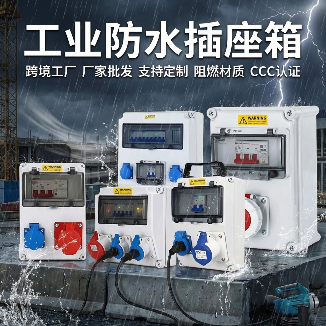 为工业防水插座箱制作跨境电商主图，添加文字"工业防水插座箱 跨境工厂 厂家批发 支持定制 阻燃材质 CCC认证"，背景为户外暴雨作业场景，产品在大雨中正常供电，凸显防水性能预览效果