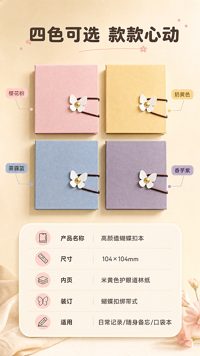 [商品] 使用【图4】【图5】四色蝴蝶扣本；严格保留正方形外观（104×104mm等边长），樱花粉、奶黄色、雾霾蓝、香芋紫四色，蝴蝶扣绑带结构与皮质质感；修复封面轻微瑕疵，增强产品精致度，严禁将正方形本子变成长方形，不改变颜色与结构。
[画面] 目标：规格选购页，四色展示+核心参数。构图：上半部分四色正方形本子2×2矩阵排列（占画面45%），下半部分圆角信息卡展示参数；背景为浅米杏色渐变，干净整洁。
[视觉] 套系策略：风格=清新文艺治愈系商业摄影；标题字=圆润粗黑体；正文字=简洁圆角无衬线体；主色=浅米杏；背景延展=基于浅米杏做深浅层级、同色渐变和细腻纸张/织物质感；强调色=温柔粉，仅用于小面积图标、引线和标签；标题色=深棕灰；正文色=中暖灰；组件=圆角浅底信息卡、细线引线、圆点装饰；光影=左前侧暖柔光，柔和自然阴影。
[文字] 顶部主标题"四色可选 款款心动"，下方圆角信息卡内列出：产品名称"高颜值蝴蝶扣本"、尺寸"104×104mm"、内页"米黄色护眼道林纸"、装订"蝴蝶扣绑带式"、适用"日常记录/随身备忘/口袋本"，每色旁标注颜色名称，文字清晰易读，不遮挡产品。
[规格] 图片比例9:16竖版，4K，避免变形、错字、文字过小、冷蓝/冷灰背景、产品颜色改变、正方形本子变成长方形、结构失真。