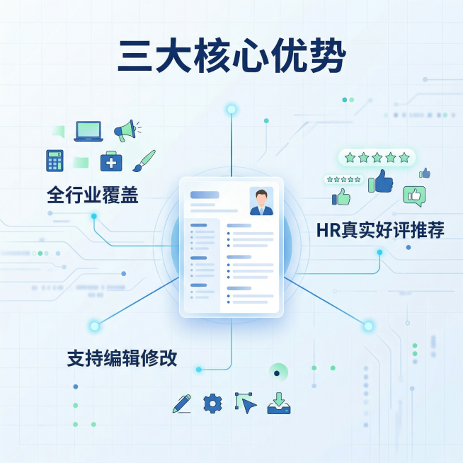 [主图主题] 各个行业简历大全核心卖点展示；[氛围/风格] 简约商务风结合创意科技感，清新活力，专业；[画面元素] 中心展示虚拟简历模板预览卡片，三条核心卖点使用极细蓝色科技感引线从中心发散出来，末端预览效果