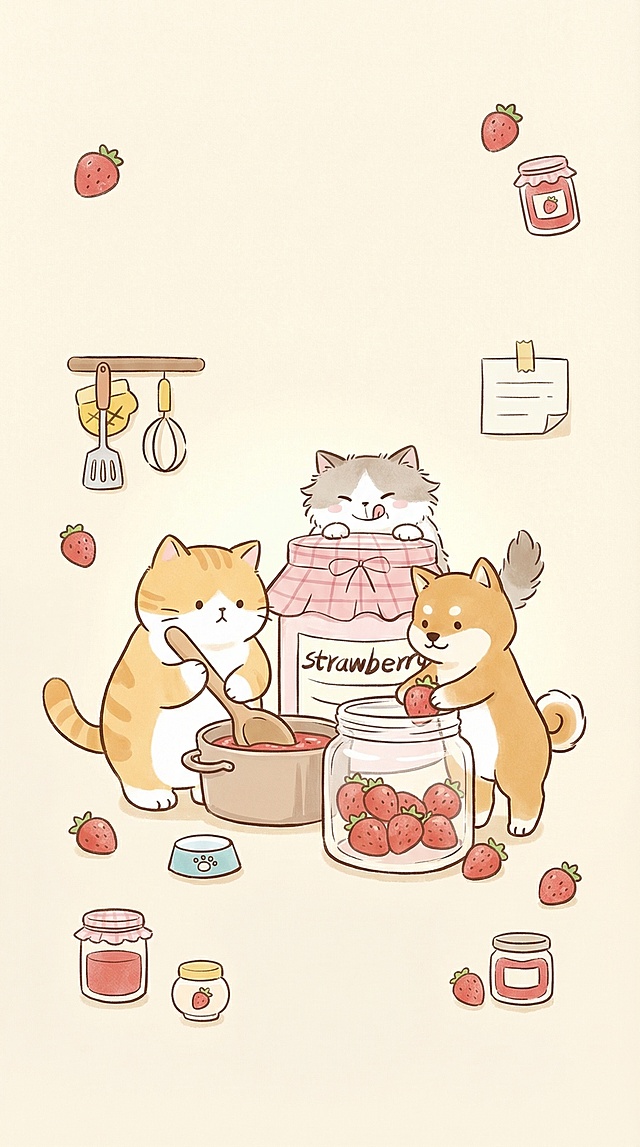 生成浅米黄色背景图，参考示例的软萌治愈手绘风格，带有可爱简笔画小动物，整体色调温暖柔和，线条简单干净，适合作为手机应用界面背景