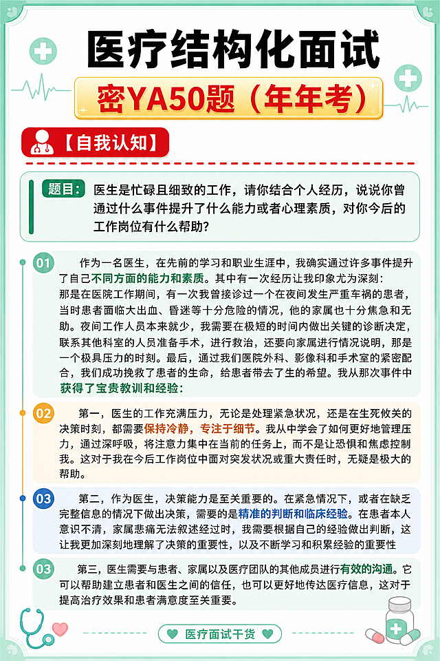 将参考图中的文字内容套入医疗结构化面试的精致模板中，完整保留所有文字内容一字不改，重新设计排版：

整体风格：医疗专业感 + 小红书种草风，清爽薄荷绿 + 白色为主色调，红色做强调色，排版精致有层次，加轻量装饰元素。

【顶部标题区】
- 主标题"医疗结构化面试"使用大气粗黑体，居中排列，字重加粗
- 副标题"密YA50题（年年考）"放在黄色渐变底条上，红色醒目字体，带轻微立体效果
- 标题区两侧加简约医疗十字图标或心电图线条装饰

【模块标签区】
- "【自我认知】"使用红色圆角标签样式，左侧加小图标装饰
- 标签下方加一条虚线分隔线，红色虚线

【题干区】
- 题干文字放在浅绿底色的圆角卡片内，左侧加竖线装饰（薄荷绿色）
- 题干开头加"题目："小标签

【答题正文区】
- 正文分段落排版，每段开头的"第一/第二/第三"用彩色序号圆点标注（01/02/03样式）
- 每段加轻微底色区分，或左侧加彩色竖条引导线
- 正文字体清晰易读，行间距舒适
- 重点关键词可轻微加粗或变色强调

【边框与整体装饰】
- 外边框改为薄荷绿渐变细边框，四角加简约圆角装饰
- 画面角落点缀少量医疗元素小贴纸：听诊器、药瓶、十字、爱心等（半透明轻量，不抢文字）
- 底部加一条装饰性分割线和"医疗面试干货"小标签

【硬约束】
- 所有文字内容必须与参考图完全一致，不得修改、删减或增加任何文字
- 只改变字体样式、颜色、排版布局、边框颜色和装饰元素
- 文字清晰可读，层级分明
- 画面中所有信息区域必须填充完整，不得有空白占位
- 画面中所有数字必须精确渲染，不得错位、遗漏或编造