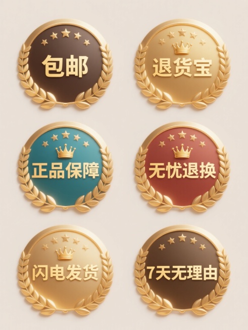 6个规整排布的促销标签素材，每个标签为纯色背景且颜色各异，采用与原图一致的3D金属质感设计风格，金色为主色调，带有细腻的光影过渡和高光表现，圆形轮廓，边缘装饰有对称的金色月桂叶纹样，顶部有五颗小五角星，中心位置有金色皇冠图标，标签文案分别为“包邮”、“退货宝”、“正品保障”、“无忧退换”、“闪电发货”、“7天无理由”，文字采用金色无衬线字体，字号适中，字重饱满，与金属质感背景融合自然，整体设计……预览效果