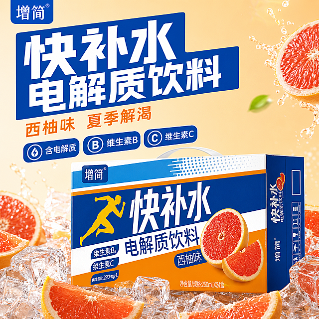 [第1屏] 详情页头图-快补水电解质饮料西柚味新品宣传海报。
[氛围/风格] 清爽夏日活力风格，浅橙色背景，蓝橙撞色，商业摄影质感，画面年轻明快，适合拼多多平台，接地气大字报风格。
[元素布局] 增简快补水电解质饮料整箱包装盒放在画面中下区域，占据画面65%主体，保持包装蓝橙白配色、西柚图案、文字排版与输入产品图一致，颜色结构不改变。背景上半部分浅橙色，下半部分加入新鲜西柚切片和透明冰块作为前景装饰，整体无边框满铺。
[光影质感] 左上方明亮主光照亮包装，整体通透干净，包装边缘清晰真实，冰块和西柚带有自然高光，清凉感十足。
[配色色系] 全局统一底色：#FFF3E0（浅橙）；主体配色：#2554C7（包装蓝）+#FF9800（包装橙）+#F9F6F0（包装白）；辅助色：#E64A19（西柚红）+#FFFFFF（文字白）。
[视角构图] 正面平视，包装盒位于中下区域，上半区域留给大标题，构图饱满不拥挤。
[文字版式] 上半区域左侧：左上角小号品牌logo"增简"，主标题 "快补水 电解质饮料" 大字加粗白字配蓝底，字号为画面宽度9%，左对齐；副标题 "西柚味 夏季解渴" 小字橙色，主标题下方；底部三个卖点图标："含电解质""维生素B""维生素C" 白字蓝底横向排列，文字不遮挡包装盒主体。字体选择圆角黑体，所有文字采用纯色填充，仅使用白、蓝两种字色。
[比例分辨率] 1:1 正方形比例，2k分辨率，文字清晰可辨，超高清。
[负向提示词] 包装变形，文字错乱，颜色偏差，水印，产品图模糊，背景杂乱。
