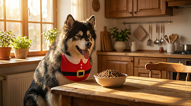 以图中的狗狗围兜为元素,狗狗戴上围兜,物体主体特征不变,设计4张跟狗狗围兜有关的图。比例 「16:9」