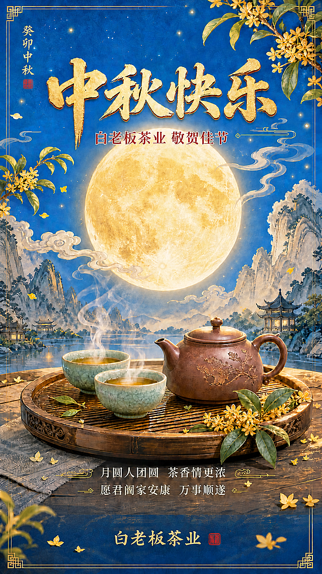 移除左下角红色正方形的二维码占位区域，将该区域用与周围一致的深蓝色夜空背景和桂花花瓣自然填充，保持画面完整性。底部"白老板茶业"文字和红色印章保持居中位置不变，其余所有元素、构图、色彩、亮度、文字内容完全保持不变。