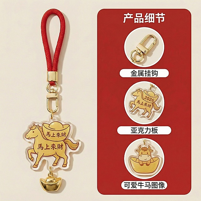 挂件本身严格按照这个挂件，不允许自己换东西。右边的英文第一行换成中文“产品细节”，第二行换成中文“金属挂钩”，第三行换成中文“亚克力板”，第四行换成中文“可爱牛马图像。