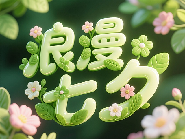 “浪漫七夕”四个大字，字的笔画由嫩绿的树叶、绽放的花朵组成，字体立体感强，圆胖灵动，充满生机与活力