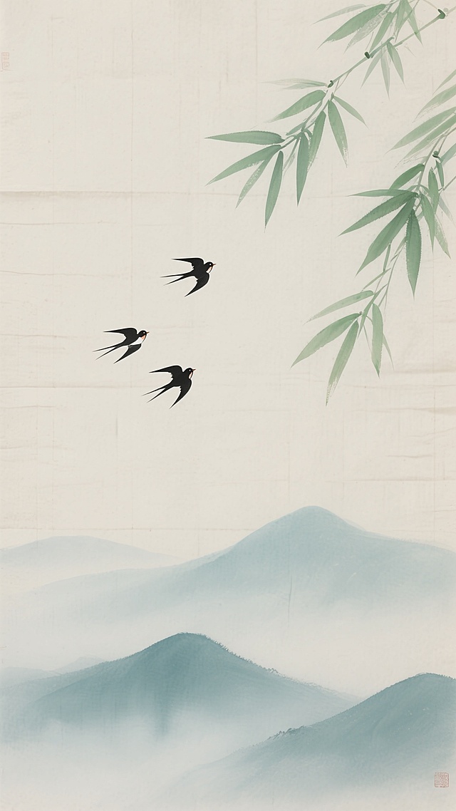 中国传统水墨风格插画，清新淡雅的色彩搭配，大面积留白的构图，画面上方右侧有几片翠绿的竹叶，线条流畅自然，背景是浅米色的宣纸质感，下方是淡青色的远山轮廓，山间有朦胧的雾气，三只黑色的小鸟呈三角形在天空中飞翔，整体营造出宁静悠远、清新脱俗的氛围，意境空灵，笔触细腻，具有东方美学韵味。