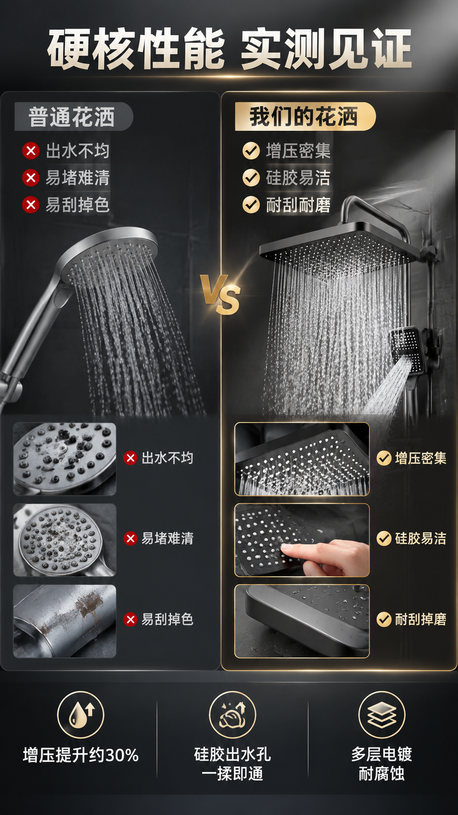 [商品] 使用【图1】枪灰色四功能淋浴花洒套装；重点展示顶喷出… - 图片创意预览