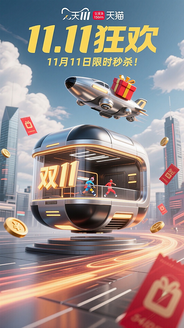 未来运动飞船建筑如同悬浮礼盒，金属银和炭黑交织，表面镶嵌发光的“双11”标识，建筑内部是动感运动空间，未来都市背景中悬浮礼盒与金币，红色优惠券、金币和购物标签漂浮，流动云层背景，主标题“11.11狂欢”粗体动感字体，小标题“11月11日限时秒杀 ！”醒目黄色字体，冷金与炭灰为主色，天猫双11极简未来设计风格，现代金属质感，Beeple动态视觉叙事，重拟物设计，C4D渲染，金属光泽，动态能量流，速度
