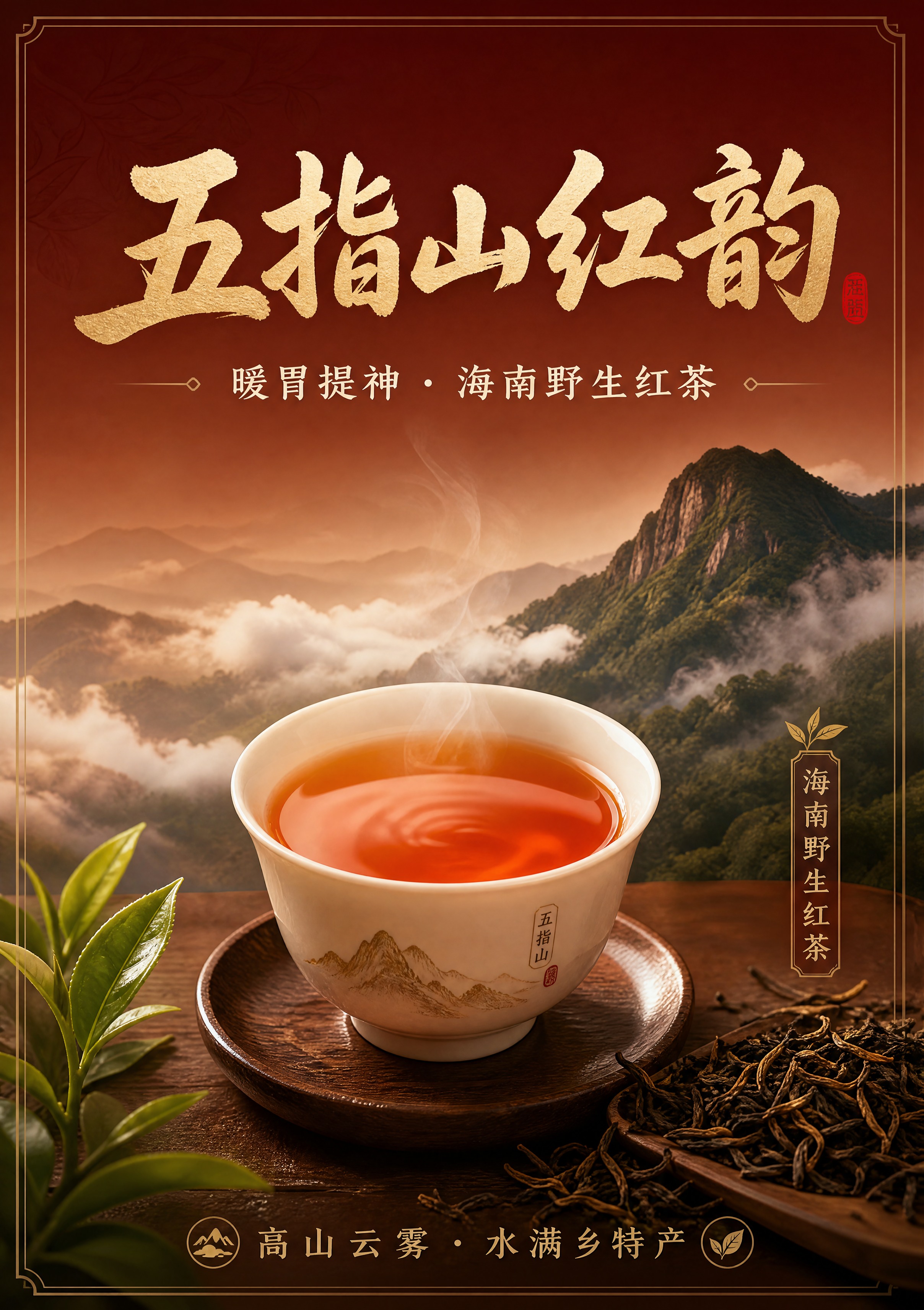 设计一张A5竖版茶品介绍立牌正面，五指山红韵专属高山红茶风格：… - 图片创意预览