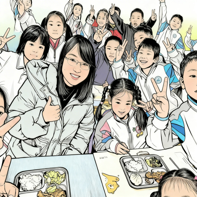 将这张师生合照转化为漫画风格，保持原构图和人物动作不变预览效果