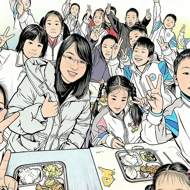将这张师生合照转化为漫画风格，保持原构图和人物动作不变