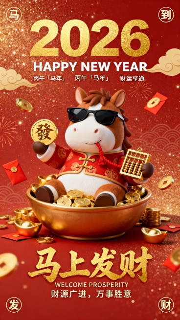 3D 卡通风格马年春节海报，暖红底带细腻金粉星光纹理，点缀浅金祥云与烟花暗纹，整体质感饱满喜庆。主体是圆滚滚的棕白 Q 版小马，戴黑框墨镜、穿红底金纹盘扣唐装，坐在满溢金元宝的聚宝盆里，前爪举着烫金预览效果