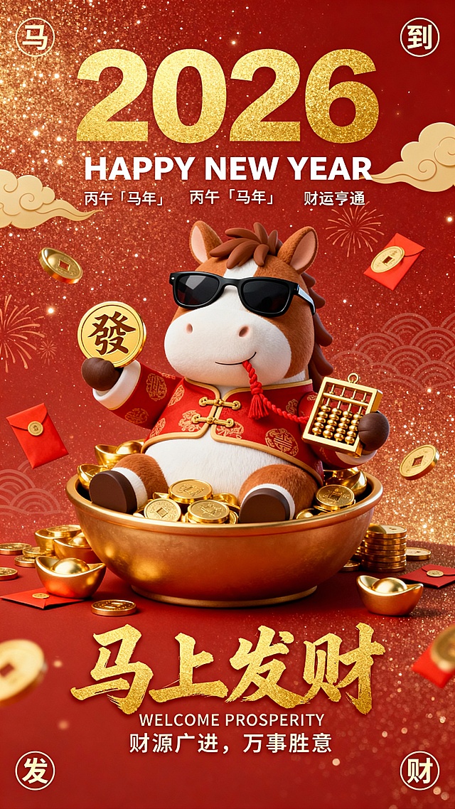3D卡通马年形象，拟人化设计，佩戴墨镜手持金元宝与算盘，鎏金质感搭配红色喜庆背景，金属风元素点缀，传递2026丙午马年财运亨通的节日祝福。