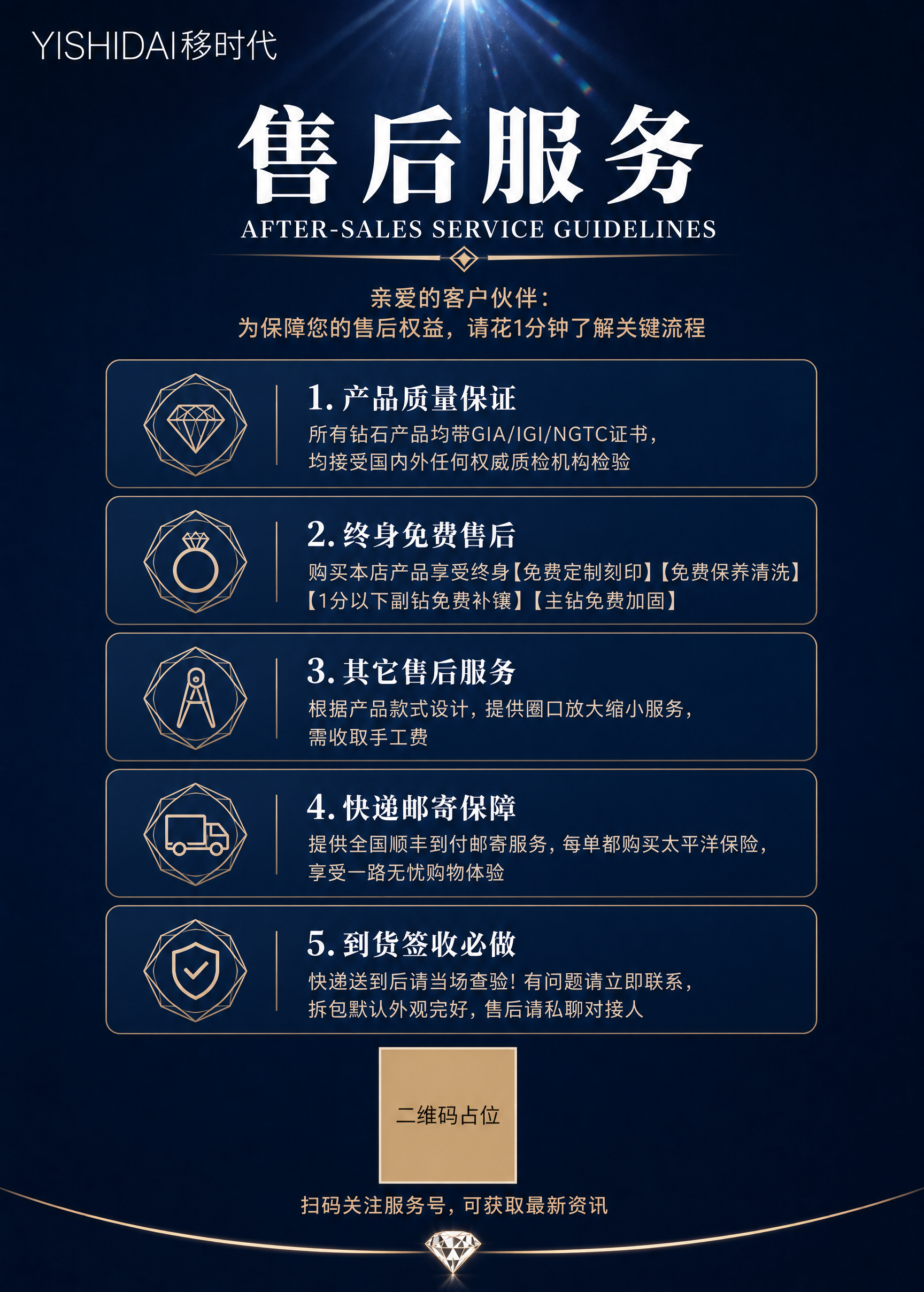 高端珠宝品牌售后服务海报，A5竖版，极简精致风格。深邃藏蓝色渐… - 图片创意预览