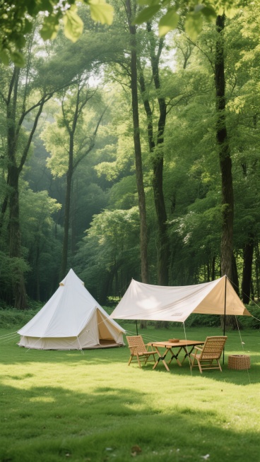 写实摄影风格，阳光透过茂密翠绿的树林洒下斑驳光影，营造出宁静自然的户外氛围，画面下方是修剪整齐的绿色草地，草地上搭建着一个白色尖顶帐篷和一个带有米色遮阳布的露营帐篷，帐篷旁摆放着原木色的折叠桌椅和藤编休闲椅，整体色调以绿色和原木色为主，光影柔和，构图采用自然的三分法，展现出舒适惬意的森林露营场景。预览效果