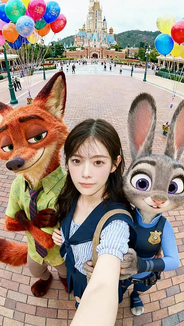 背景为香港迪士尼乐园中心广场，人物互相拥抱，周围飘着彩色气球