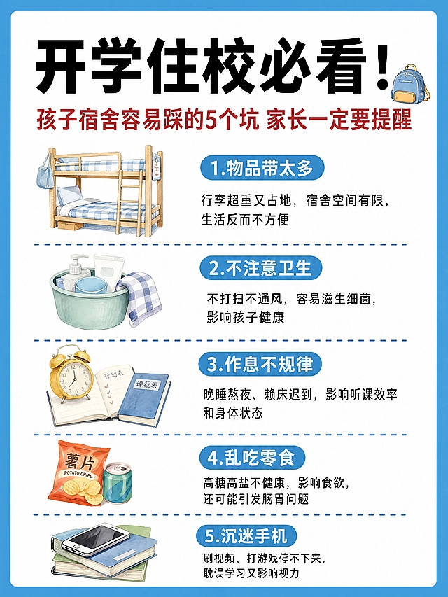 小红书笔记大字封面，插图大字，ins清新手绘风，版式精美，小红书笔记封面质感，适合信息流点击。版式骨架、分区比例、色调体系与参考图保持一致（相似度约70%），文案与配图换为本次内容。参考图特征：蓝色粗外边框，白色内底，顶部大主标题+红色副标题，下方为编号蓝色圆角标签+说明文字+左侧手绘水彩风插图，条目之间用蓝色虚线分隔，整体干净清爽、图文左右分栏。主标题必须完整呈现且为画面视觉中心，逐字锁定：「开学住校必看！」。主标题字号占画面约40%视觉权重，清晰可读，不得增删改字。副标题：「孩子宿舍容易踩的5个坑 家长一定要提醒」，红色粗体，位于主标题下方。背景：白色内底 + 天蓝色粗外边框，干净清爽。标题排版：扁平超粗黑体，黑色大字主标题，红色副标题，居中靠上排列。插图：画面下方或中部配1~2个极简手绘水彩风宿舍/开学相关小插图（如宿舍床、书包、水杯等），不抢标题。装饰：1个小书包emoji贴纸点缀在标题旁；蓝色虚线分隔线；蓝色圆角编号标签样式与参考图一致。整体氛围：开学住校、家长关心、温馨提醒、清爽可读。画质：高清细腻，信息层级清晰，主标题与背景强对比，文字完整处于安全区内不可裁切，四周留安全边距。画面比例3:4，4K。图生图：严格使用用户上传图片，【图1】= 版式风格参考图，参考其蓝色边框、白底、标题层级、蓝色圆角标签、虚线分隔、左侧插图右侧文字的左右分栏版式结构。
