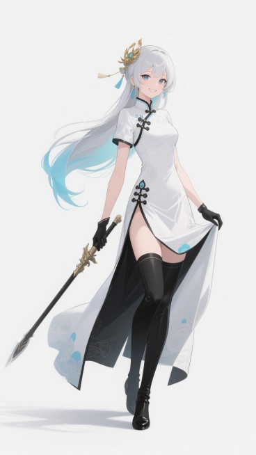 二次元动漫风格立绘，白色背景，银发及腰、发尾渐变浅蓝色、头戴金色发饰的少女，身着白色为主、黑色和浅蓝色点缀的改良式汉服长裙，裙摆开叉露出腿部，黑色长靴，手持长柄武器，保留原角色所有服饰细节与特征，新动作设计为侧身回眸微笑，一手轻提裙摆，一手自然下垂握武器，姿态优雅灵动，线条流畅，色彩明快，光影柔和，人物比例协调，符合二次元游戏角色立绘风格。预览效果