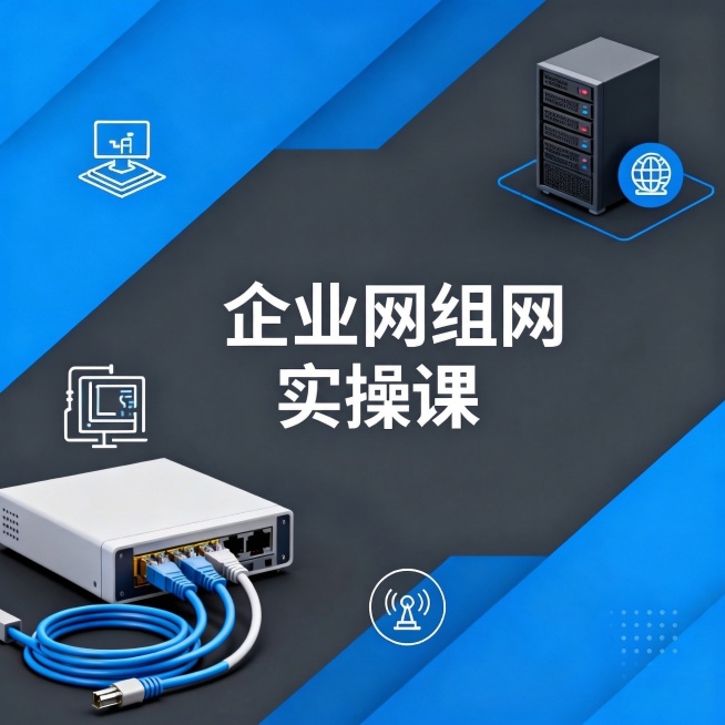 仅修改图片主标题文字为"企业网组网实操课"，保留所有背景元素、配色、图标、网络设备，整体风格保持完全不变预览效果