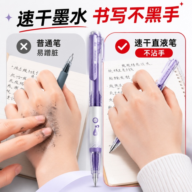 「图片1」「图片1」「图片1」「图片1」「图片1」，生成一套主图（5张），商品名称是速干直液笔，卖点是稳定控墨，大容量，速干不黑手，顺滑，学习专用，适配抖音平台，主图比例为1:1预览效果