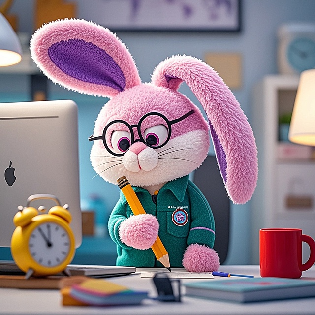 粉色兔子拟人化，戴眼镜写字，可爱卡通风格，柔软质感，温馨办公场景。