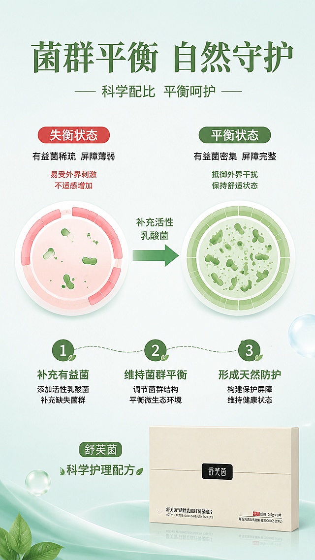 [第4屏] 详情页作用原理-菌群平衡护理机制说明。本屏使用【图1】产品包装盒置于右下角。
[氛围/风格] 科普图解风，清晰易懂，医学专业感。
[元素布局] 画面中央为圆形原理示意图，分为内外两层：内层代表有益菌群（绿色乳酸菌图标），外层代表护理屏障；左侧为「使用前」状态：菌群稀疏，有缺口；右侧为「使用后」状态：菌群密集，形成完整屏障；用箭头连接左右表示变化过程；右下角放置产品包装盒，占比约20%；背景为浅蓝绿色渐变。
[光影质感] 均匀平面光，示意图清晰明亮，无强烈阴影。
[配色色系] 全局底色 #F2F8F5 浅青绿；主色 #5B8C5A 绿色；辅助色 #7FB069 浅绿、#E74C3C 红色（少量警示用）。
[视角构图] 横向对比流程图，平视角度，阅读动线从左到右。
[文字版式] 顶部标题「菌群平衡 自然守护」大字号；左侧标注「失衡状态」配红色小字说明；右侧标注「平衡状态」配绿色小字说明；中间箭头上方写「补充活性乳酸菌」；底部3步原理说明：「1.补充有益菌」「2.维持菌群平衡」「3.形成天然防护」，每步配圆形编号图标；右下角产品旁写「舒芙茵 科学护理配方」。
[比例分辨率] 9:16竖版比例，4K分辨率，文字清晰可辨，高清画质。
[负向提示词] 产品变形，水印，文字错乱，医疗功效承诺，治疗表述，虚假宣传。