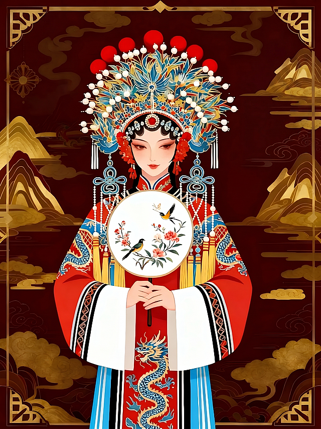 去除图片左上角的AI生成水印，将人物脑袋右侧的图案修改为和周围一致的深红色底金色云纹，保留图片整体国潮京剧风格、其他构图和元素不变