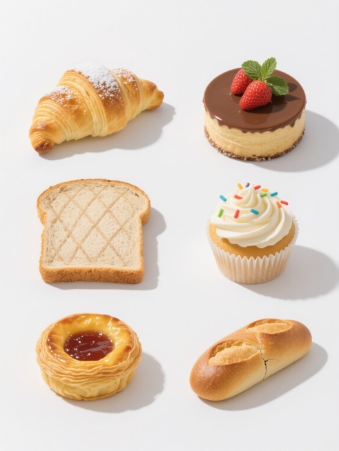 纯白纯色背景，六个完全不同的烘焙元素系列素材集合规整排布，保持高清晰摄影写实风格，每个烘焙元素都具有真实的材质感和细腻光影，包括：1. 表面撒有白色糖粉的金黄色牛角面包，层次分明的酥皮纹理；2. 顶部呈焦糖色的圆形巧克力蛋糕，点缀着新鲜草莓和薄荷叶；3. 表面有交叉纹路的全麦吐司切片，边缘略带焦黄色；4. 撒满彩色糖针的圆形纸杯蛋糕，奶油顶部呈螺旋状；5. 金黄色的圆形丹麦酥，中间夹有果酱馅料……预览效果