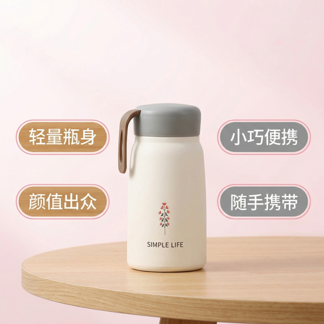 基于参考图生成一张1:1抖音商品主图，展示米白色可爱学生保温杯，产品外观和原图一致，主体居中放置在浅原木色桌面上，背景是渐变柔粉色，风格简约干净明亮通透。四个核心卖点“轻量瓶身、小巧便携、颜值出众、随预览效果