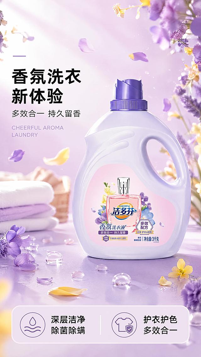 [第1屏] 详情页头图-洁多芬香薰洗衣液主视觉海报。本屏使用【图1】作为商品主体。
[氛围/风格] 清新香氛高级感，紫粉柔调，温馨家居氛围，商业摄影质感，抖音快手竖版海报风。
[元素布局] 洗衣液瓶置于画面中央偏右，占比约60%，瓶身结构、颜色、标签与输入产品图完全一致；左侧留标题区，底部为柔和的浅紫渐变台面；背景飘散紫色、黄色花瓣与香氛粒子，营造持久留香氛围；前景点缀少量透明水珠与花瓣，增加层次。
[光影质感] 左上方柔光主照明，右侧辅光勾勒瓶身轮廓，底部自然柔和投影，整体通透明亮，瓶身紫色瓶盖与淡紫色瓶体质感清晰。
[配色色系] 全局底色 #F3EAF7 浅紫渐变；主色淡紫 #C9AEE0、粉紫 #E8C8E8；辅助色浅粉 #F8D7E8、花瓣黄与蓝紫点缀。
[视角构图] 正面微仰视，产品为视觉中心，阅读动线左上标题 → 中部产品 → 底部信息条。
[文字版式] 版式为左上标题 + 右侧产品 + 底部信息条。主标题「香氛洗衣新体验」，副标题「多效合一 持久留香」，两行黑体字左对齐；标题下小字英文「CHEERFUL AROMA LAUNDRY」；底部信息条左侧「深层洁净 除菌除螨」，右侧「护衣护色 多效合一」；文字不遮挡瓶身主体。
[比例分辨率] 9:16 竖版比例，4K 分辨率，文字清晰可辨，高清画质。
[负向提示词] 瓶身变形，缺件错件，颜色偏差，包装文字错乱，水印，文字过小，背景杂乱，产品图模糊。