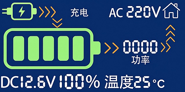 基于参考图1进行修改：1. 将画面中所有的字符、文字、数字（不含图标）全部改成纯白色，保持原有字体、位置、大小不变；2. 将所有红色的箭头/小于号样式图标，全部替换成参考图2中的橙色V形（类似小于号的人字形箭头）样式，每个符号的大小、角度、间距都保持一致，替换为橙色；3. 绿色电池图标、房子图标、闪电图标等非文字图标保持原有颜色和样式不变；4. 深蓝色背景保持不变；5. 整体布局、元素位置、比例与原图完全一致，仅修改文字颜色和红色箭头图标