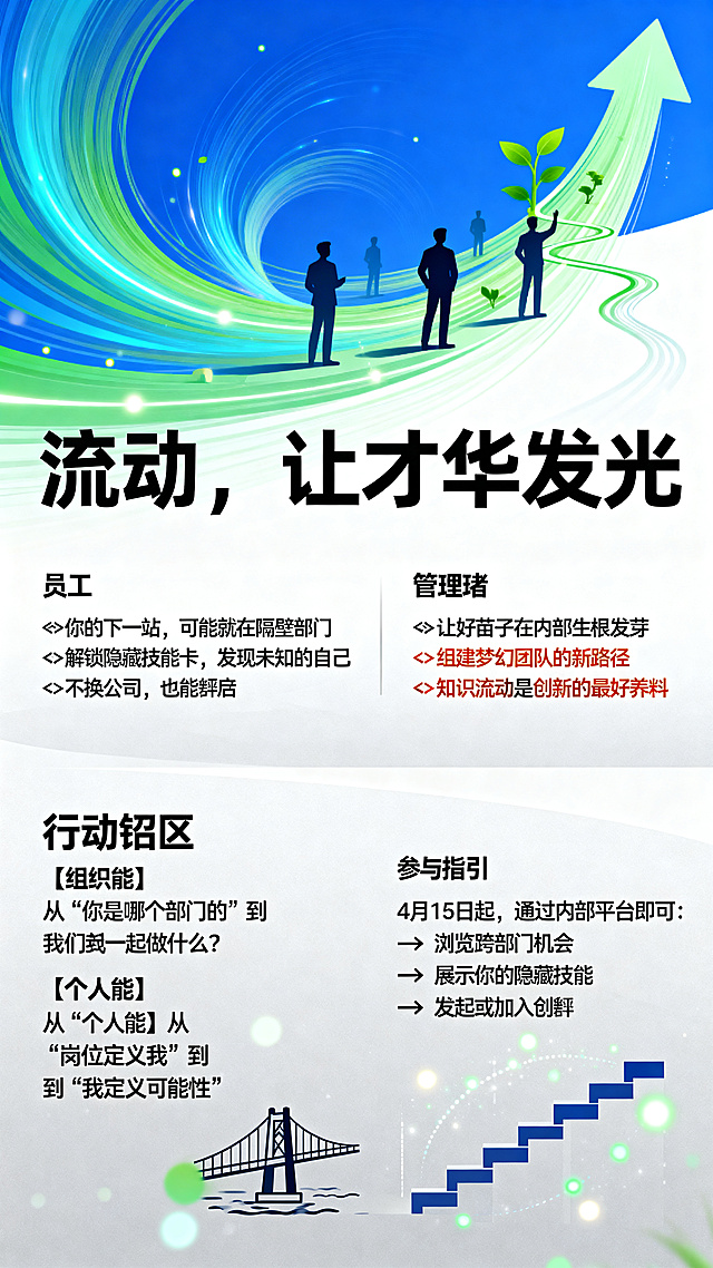 企业内部人才市场宣传海报，核心概念流动生长连接，主视觉采用渐变色能量流动线条描绘人才流动轨迹，融合员工剪影与向上生长的动态成长路径，融入简约的公司建筑轮廓体现内部平台。色彩：主色活力蓝和成长绿，辅色阳光橙和智慧紫，背景纯净白加浅灰渐变。版式：顶部三分之一强视觉区放动态图形和主标题，中部核心信息区放项目价值和参与方式，底部行动召唤区放时间入口二维码。主标题大字："流动，让才华发光"，副标题："和而泰内部人才市场4月正式启航"，包含文案分区：对员工说：▷你的下一站，可能就在隔壁部门 ▷解锁隐藏技能卡，发现未知的自己 ▷不换公司，也能开启新赛道；对管理者说：▷让好苗子在内部生根发芽 ▷组建梦幻团队的新路径 ▷知识流动是创新的最好养料；价值宣言：【组织能】从“你是哪个部门的”到“我们一起做什么” 【个人能】从“岗位定义我”到“我定义可能性”；参与指引："4月15日起，通过内部平台即可：→ 浏览跨部门机会 → 展示你的隐藏技能 → 发起或加入创新项目组"。字体：标题使用浑厚现代无衬线体，正文清晰易读无衬线体，重点关键词用橙红色突出，搭配桥梁图标连接部门、成长阶梯图示职业通道、光点流动示意知识传递，现代商务风格，清晰易读，调整主视觉图形的动态感，优化色彩过渡，让整体排版更加舒展透气