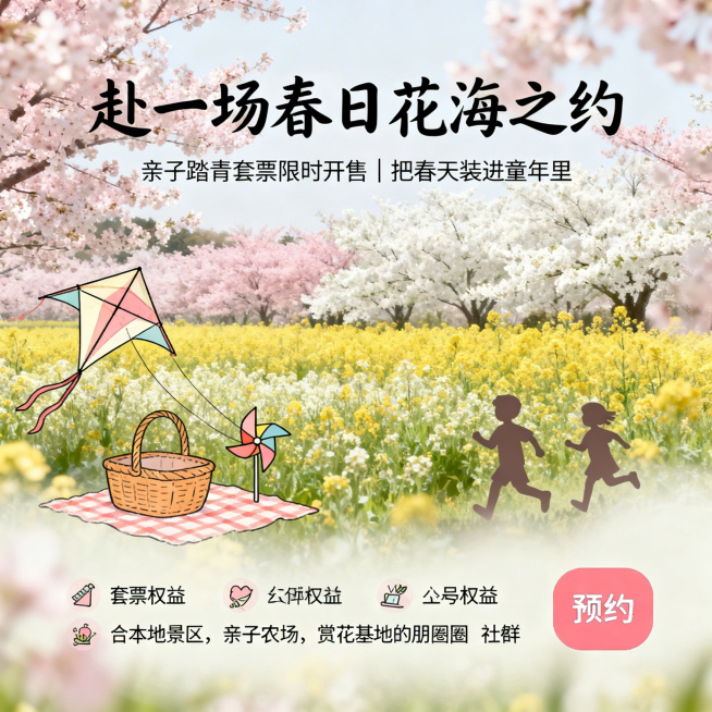 主视觉为低饱和莫兰迪粉白樱花或油菜花全景，前景叠加手绘风筝、野餐篮、小风车、孩童奔跑剪影，边缘做柔化光晕处理，画面通透有呼吸感。上半部分大标题是圆润手写字体"赴一场春日花海之约"，副标题是纤细无衬线字预览效果
