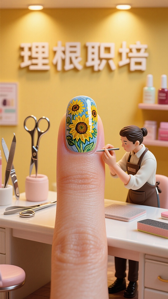 一根手指，美甲师在指甲上画梵高《向日葵》的美甲图案，背景是美甲店，明亮氛围。在画面墙体上悬挂由美甲工具拼成的“理根职培”四个字