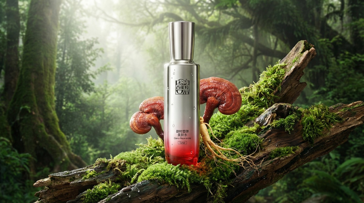 晨雾弥漫的原始森林，苔藓覆盖的腐木上，百雀羚弹润时裳美肤水静静立着，位于画面中间的中心轴上，镜头从瓶身缓慢拉远，露出后方一株带露的赤芝灵芝与旁边的人参须根。“镜头聚焦于产品本身，产品文字本身不发生任何预览效果