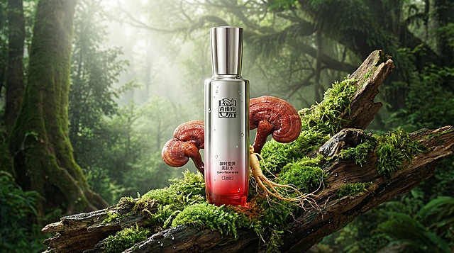晨雾弥漫的原始森林，苔藓覆盖的腐木上，百雀羚弹润时裳美肤水静静立着，位于画面中间的中心轴上，镜头从瓶身缓慢拉远，露出后方一株带露的赤芝灵芝与旁边的人参须根。“镜头聚焦于产品本身，产品文字本身不发生任何改变”